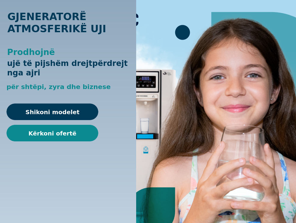 Gjeneratorë uji atmosferikë Cup of Air — vajzë me gotë uji pranë gjeneratorit