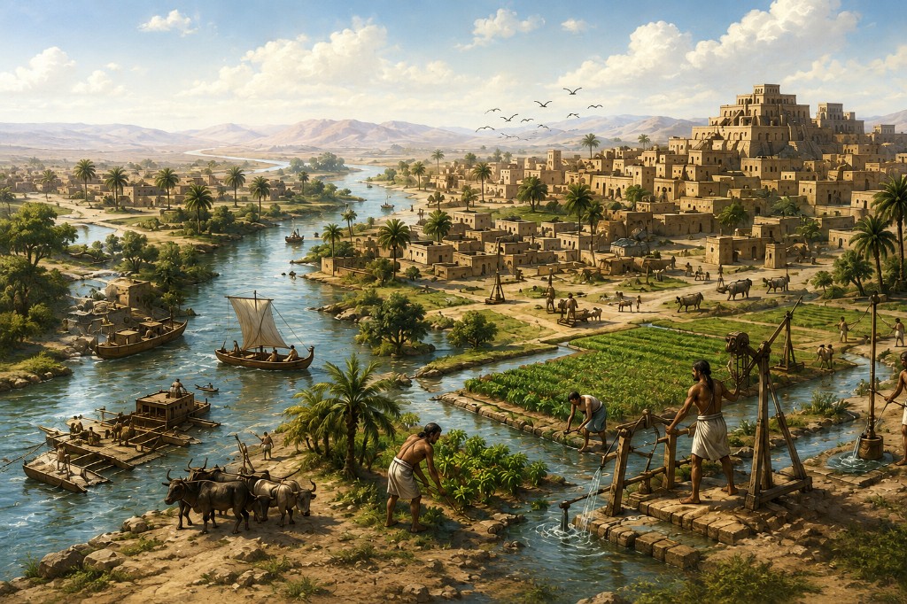 Ancient river civilization with irrigation, boats and a city along the river