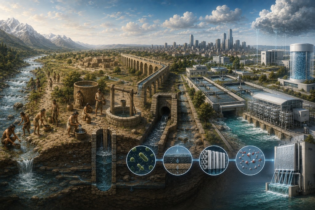 History of drinking water: from river and well through aqueduct to treatment and water from air