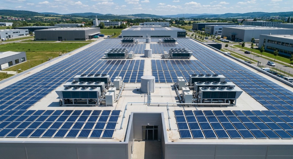 Industrial rooftop with solar panels and cooling installations