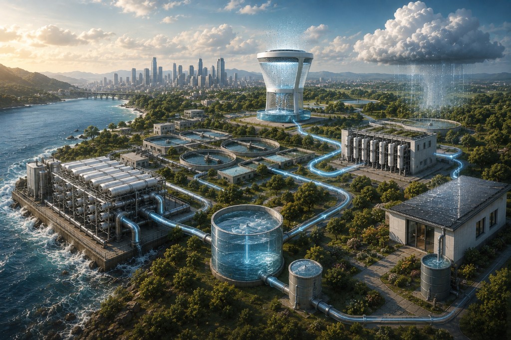 Modern complex for desalination, rainwater harvesting and water from air