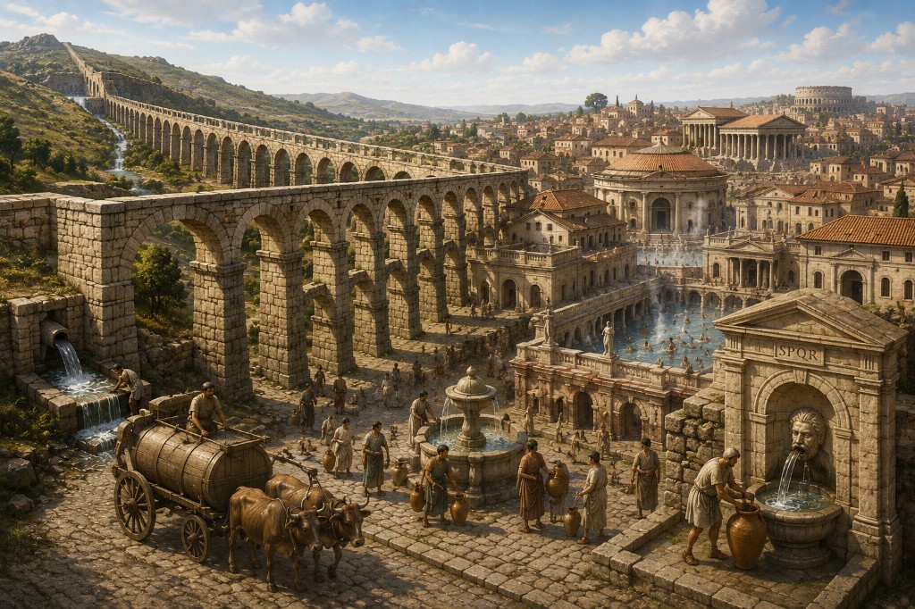Ancient Roman city with an aqueduct, fountains, baths and water supply