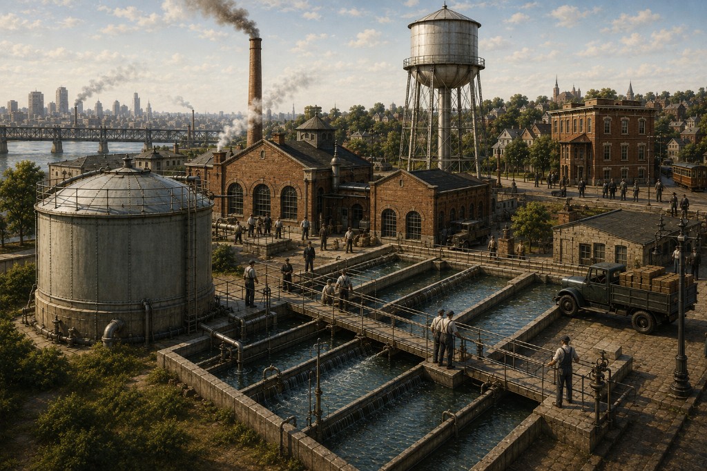 Early 20th-century water treatment plant with basins, tanks and a water tower